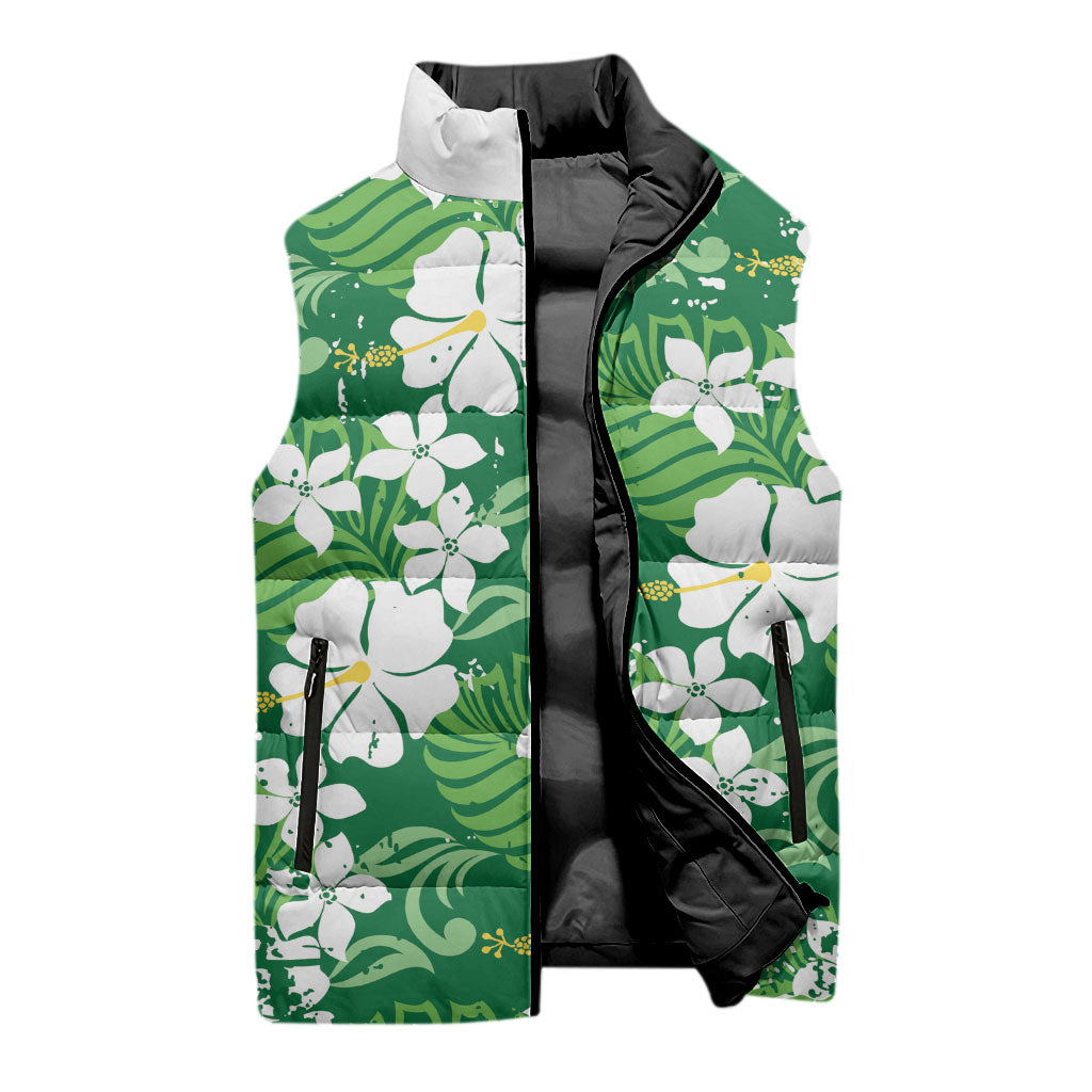 Green Hawaiian Hibiscus Monstera Sleeveless Puffer Jacket Grunge Stylized LT01 - Polynesian Pride
