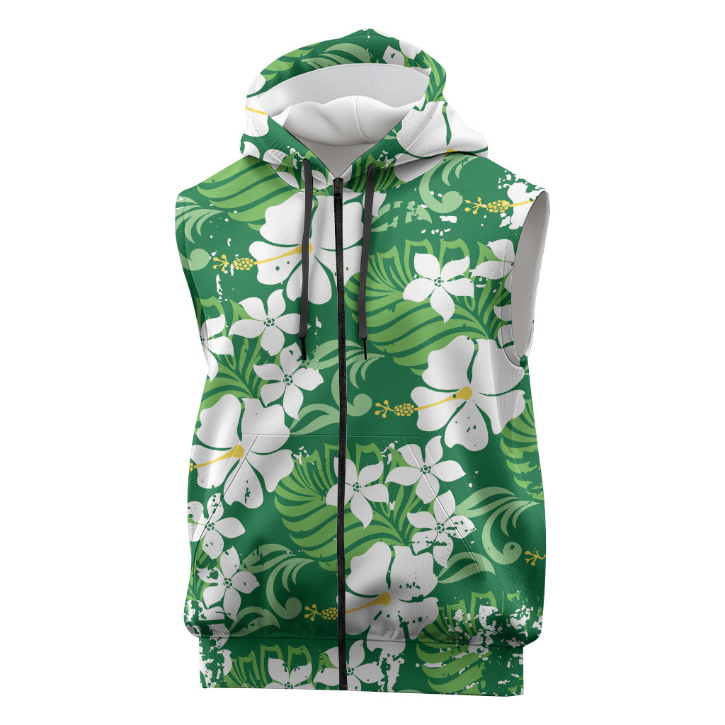 Green Hawaiian Hibiscus Monstera Sleeveless Zip Hoodie Grunge Stylized LT01 Green - Polynesian Pride