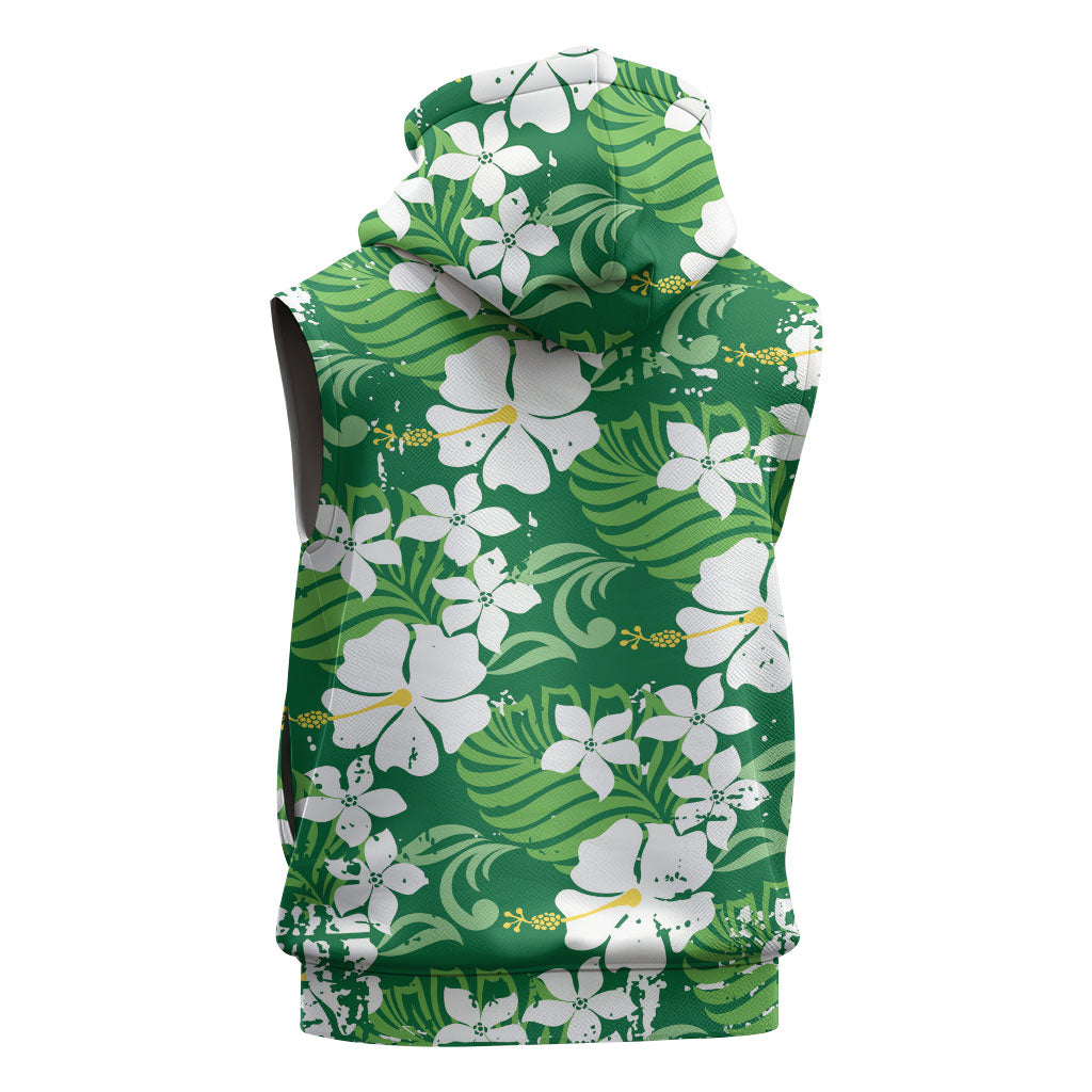 Green Hawaiian Hibiscus Monstera Sleeveless Zip Hoodie Grunge Stylized LT01 - Polynesian Pride