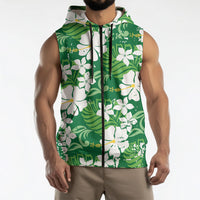 Green Hawaiian Hibiscus Monstera Sleeveless Zip Hoodie Grunge Stylized LT01 - Polynesian Pride