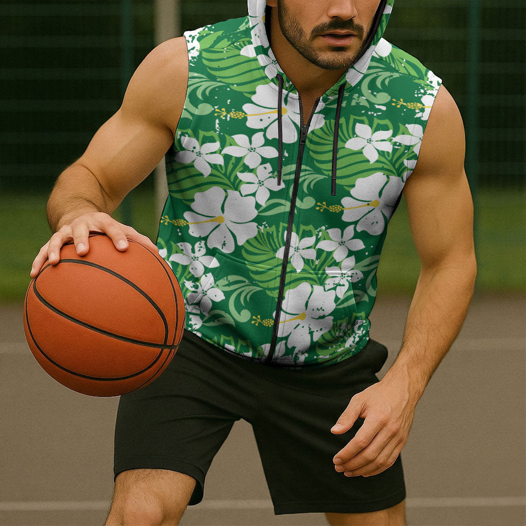 Green Hawaiian Hibiscus Monstera Sleeveless Zip Hoodie Grunge Stylized LT01 - Polynesian Pride