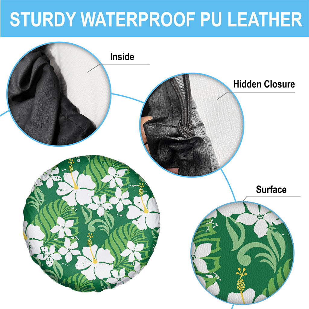 Green Hawaiian Hibiscus Monstera Spare Tire Cover Grunge Stylized LT01 - Polynesian Pride