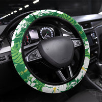 Green Hawaiian Hibiscus Monstera Steering Wheel Cover Grunge Stylized LT01 Universal Fit Green - Polynesian Pride