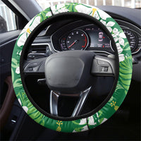 Green Hawaiian Hibiscus Monstera Steering Wheel Cover Grunge Stylized LT01 - Polynesian Pride