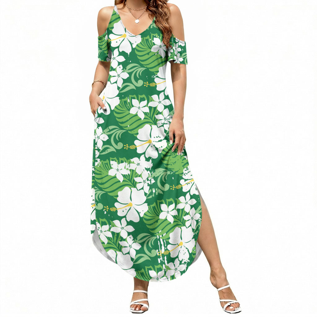 Green Hawaiian Hibiscus Monstera Summer Maxi Dress Grunge Stylized LT01 Women Green - Polynesian Pride