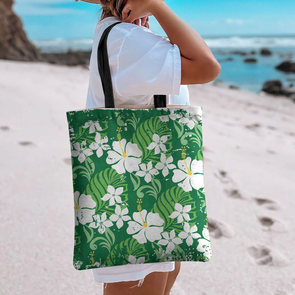 Green Hawaiian Hibiscus Monstera Tote Bag Grunge Stylized LT01 - Polynesian Pride