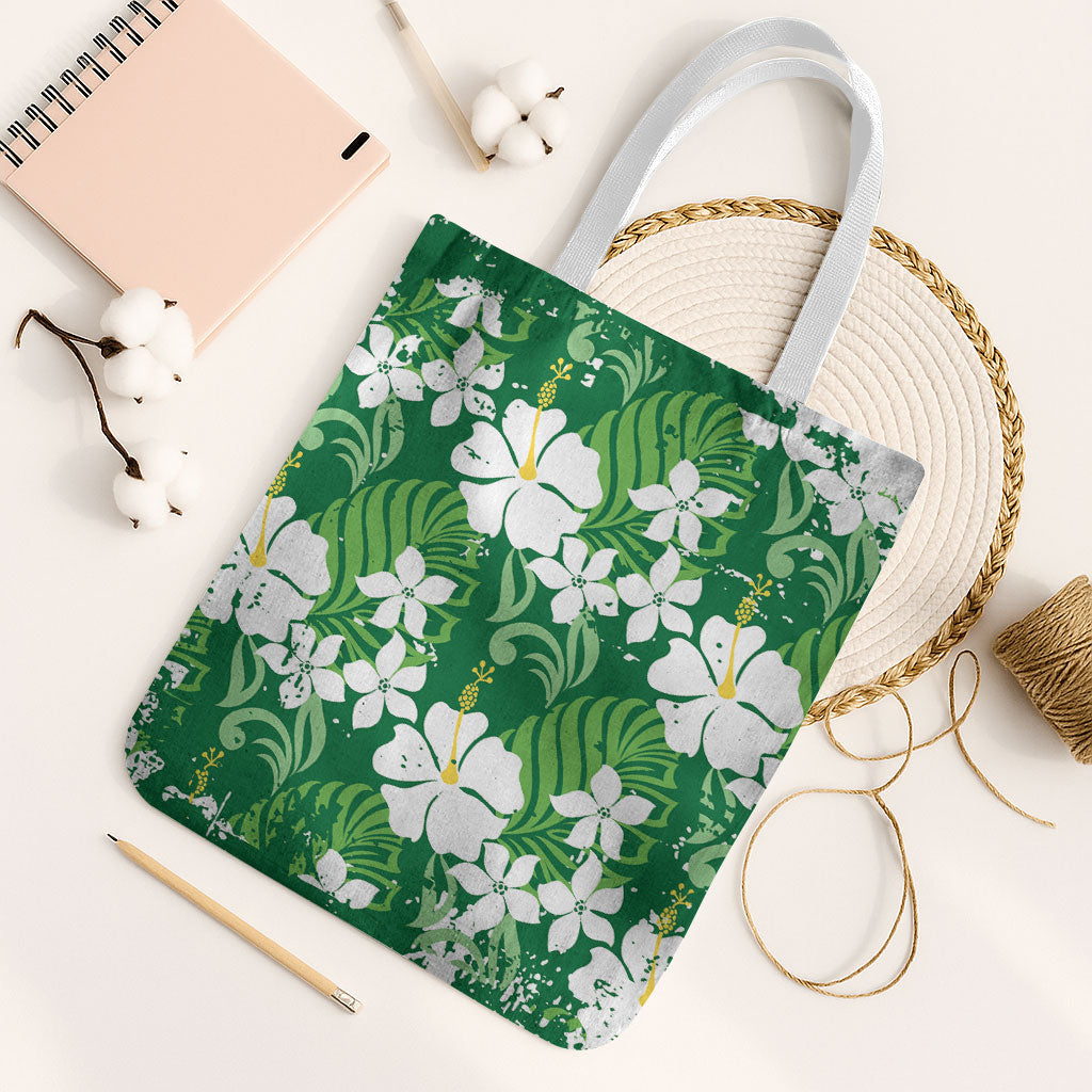 Green Hawaiian Hibiscus Monstera Tote Bag Grunge Stylized LT01 White Strap One Size Green - Polynesian Pride