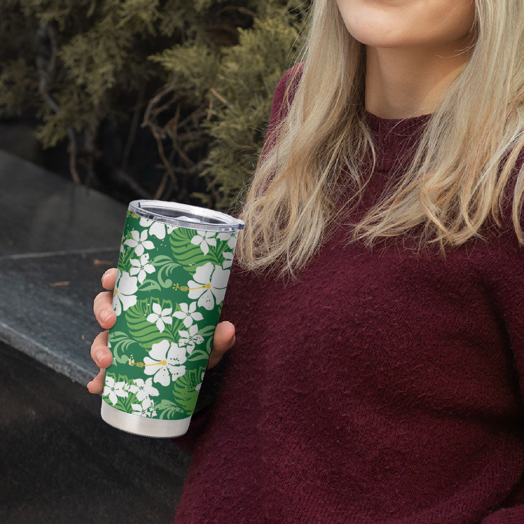 Green Hawaiian Hibiscus Monstera Tumbler Cup Grunge Stylized LT01 - Polynesian Pride