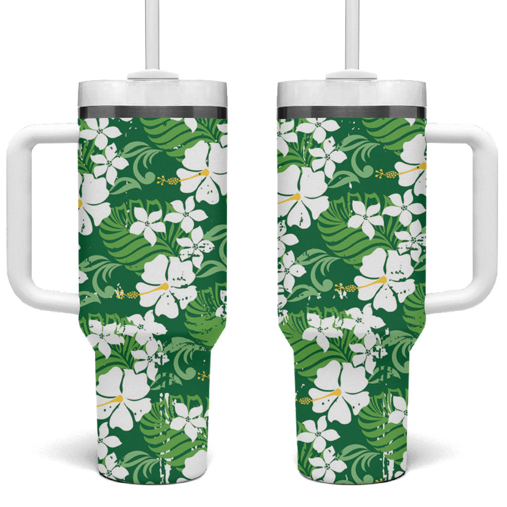 Green Hawaiian Hibiscus Monstera Tumbler With Handle Grunge Stylized