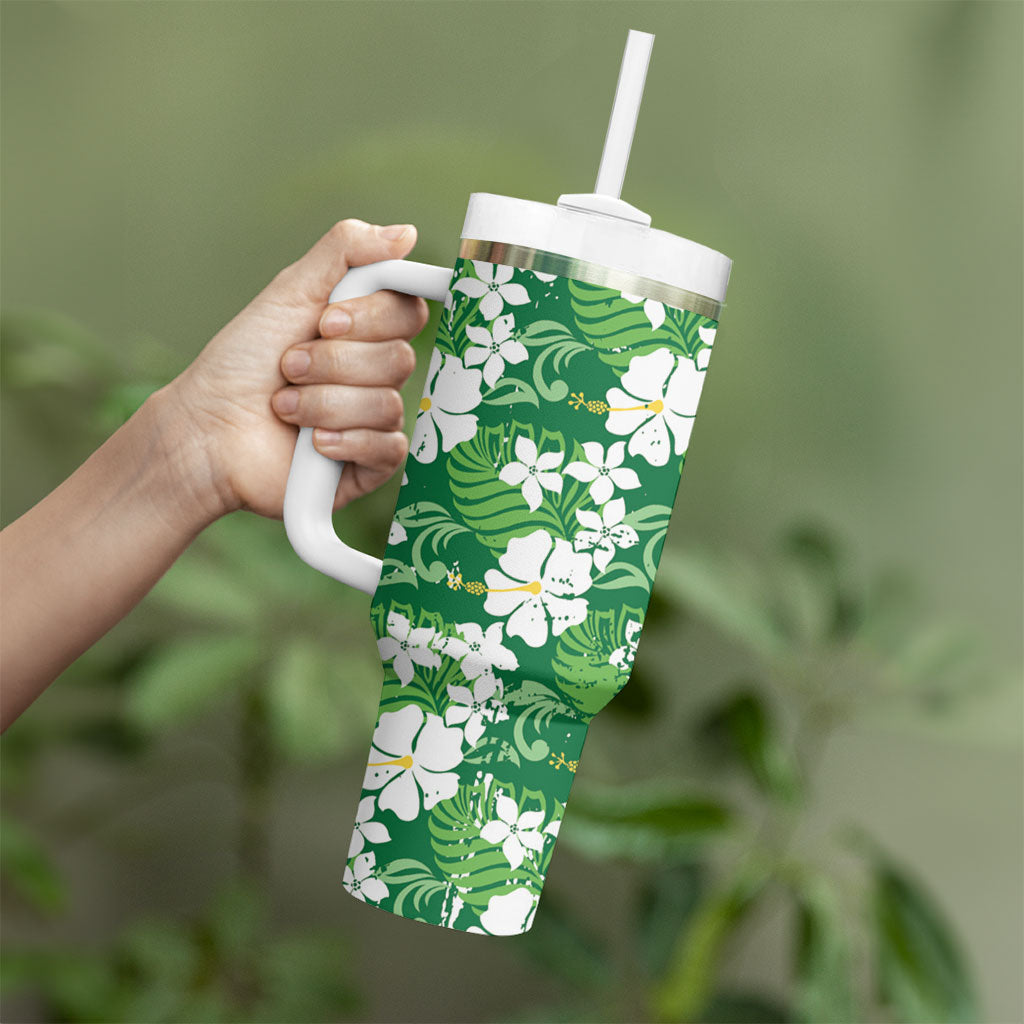 Green Hawaiian Hibiscus Monstera Tumbler With Handle Grunge Stylized LT01 - Polynesian Pride