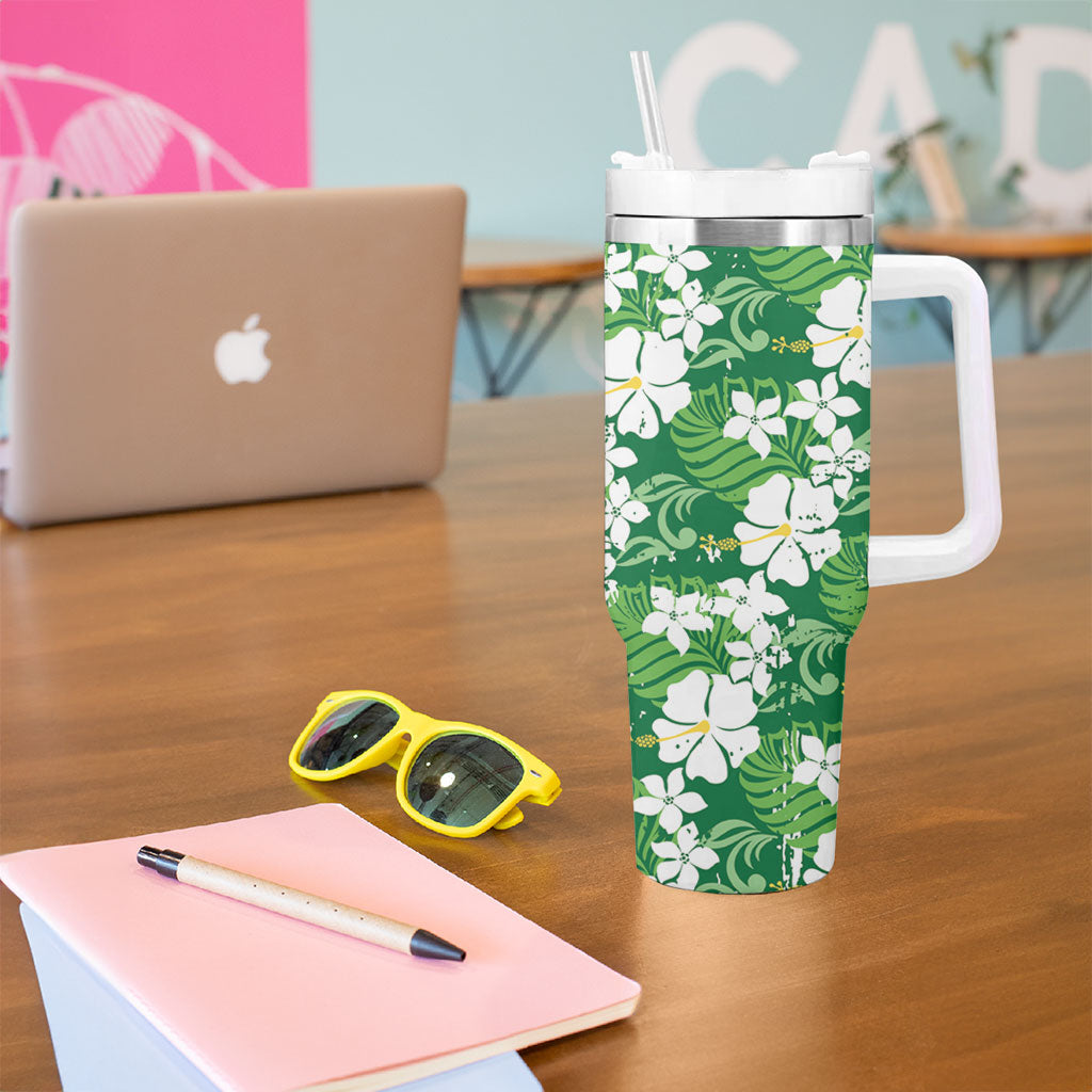 Green Hawaiian Hibiscus Monstera Tumbler With Handle Grunge Stylized LT01 - Polynesian Pride