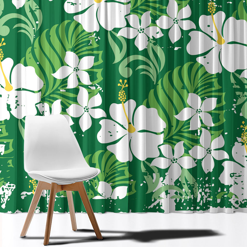 Green Hawaiian Hibiscus Monstera Window Curtain Grunge Stylized LT01 - Polynesian Pride