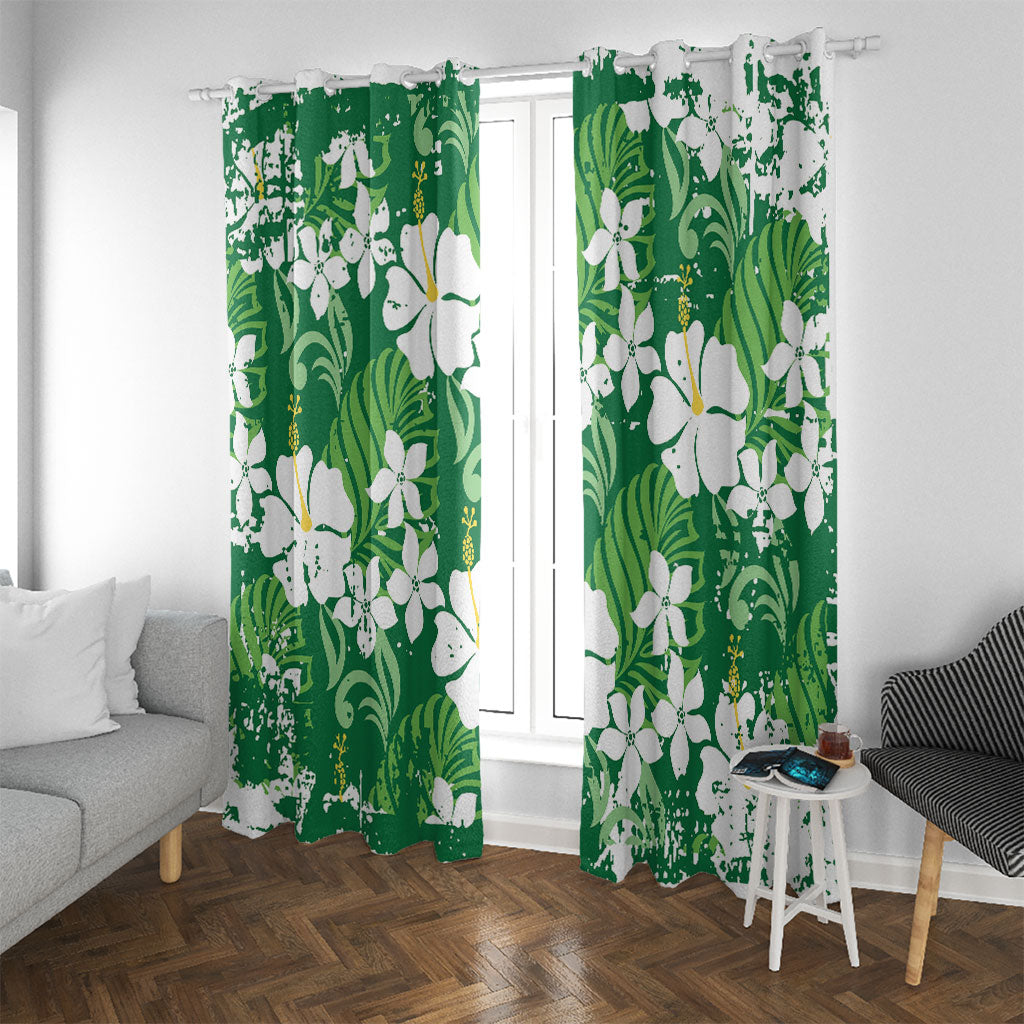 Green Hawaiian Hibiscus Monstera Window Curtain Grunge Stylized LT01 With Grommets Green - Polynesian Pride