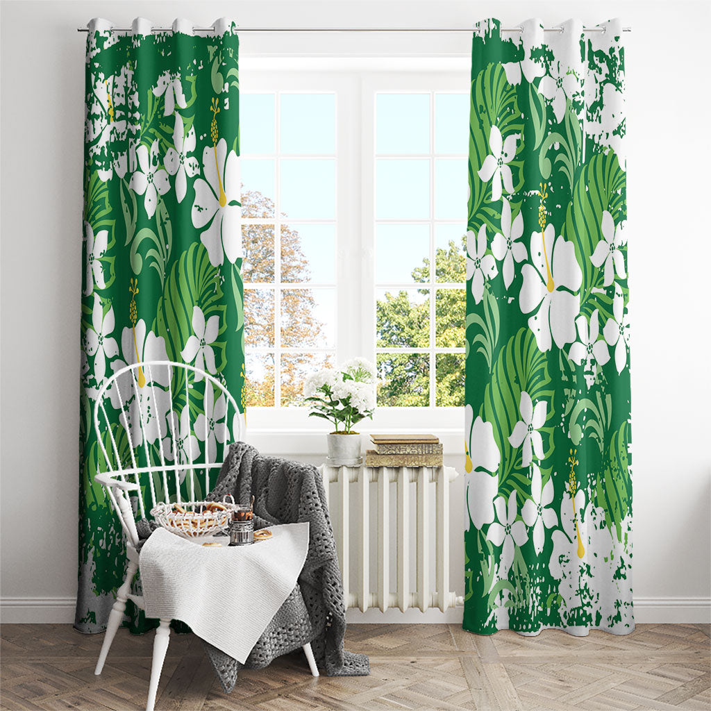 Green Hawaiian Hibiscus Monstera Window Curtain Grunge Stylized LT01 - Polynesian Pride