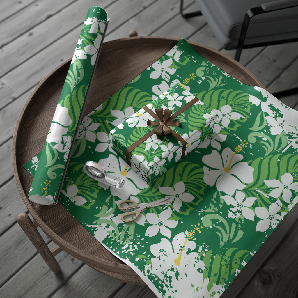 Green Hawaiian Hibiscus Monstera Wrapping Paper Grunge Stylized