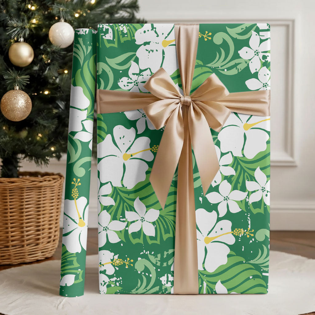 Green Hawaiian Hibiscus Monstera Wrapping Paper Grunge Stylized