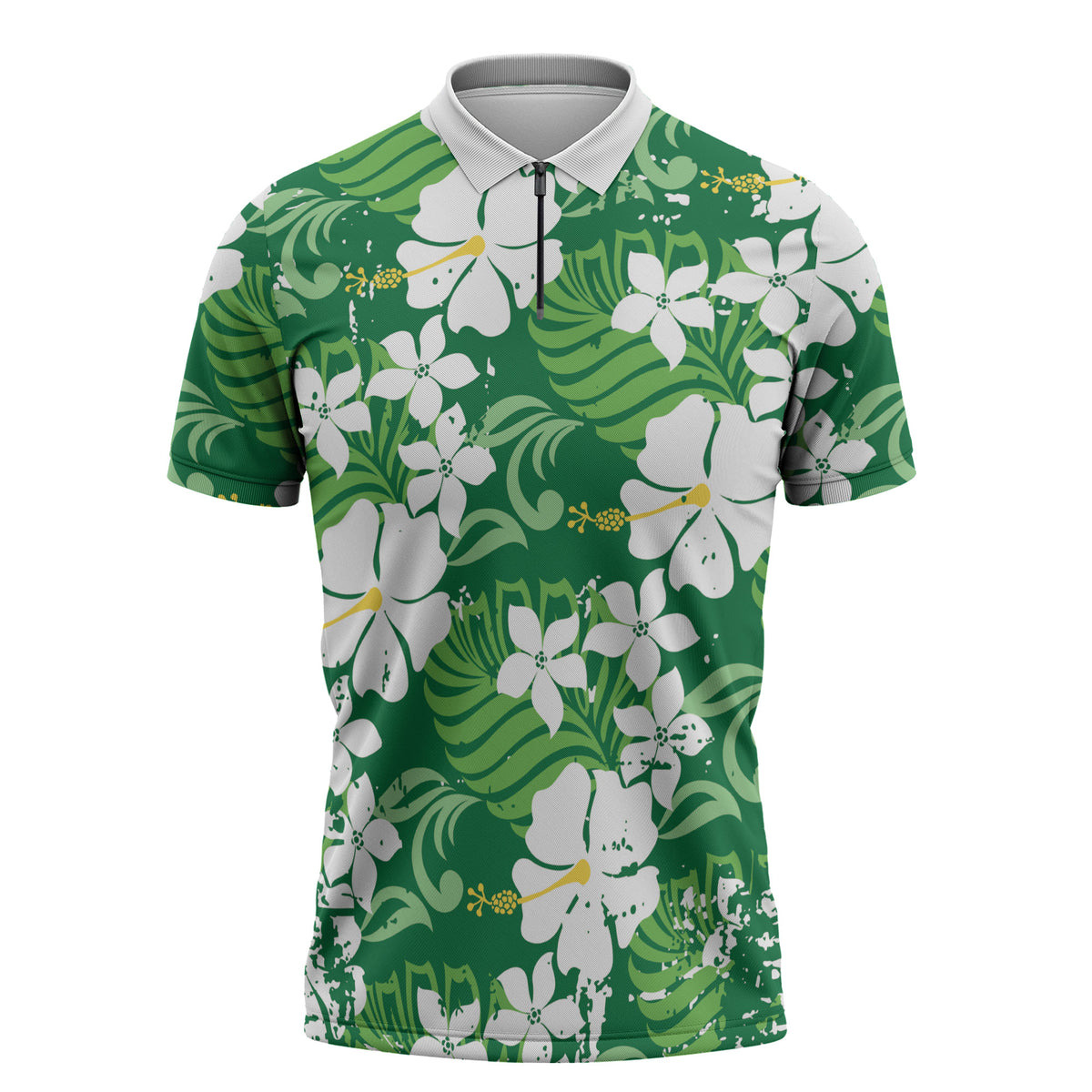 Green Hawaiian Hibiscus Monstera Zipper Polo Shirt Grunge Stylized LT01 Green - Polynesian Pride