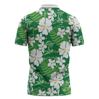 Green Hawaiian Hibiscus Monstera Zipper Polo Shirt Grunge Stylized LT01 - Polynesian Pride