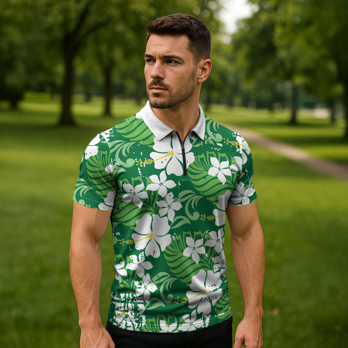 Green Hawaiian Hibiscus Monstera Zipper Polo Shirt Grunge Stylized LT01 - Polynesian Pride