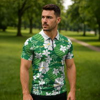 Green Hawaiian Hibiscus Monstera Zipper Polo Shirt Grunge Stylized LT01 - Polynesian Pride
