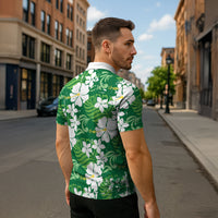 Green Hawaiian Hibiscus Monstera Zipper Polo Shirt Grunge Stylized LT01 - Polynesian Pride