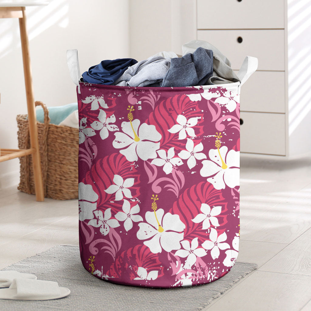 Pink Hawaiian Hibiscus Monstera Laundry Basket Grunge Stylized