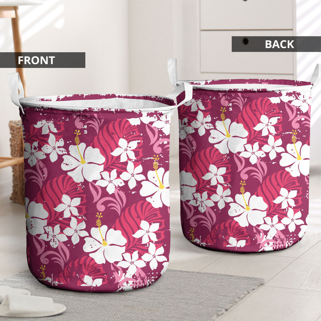 Pink Hawaiian Hibiscus Monstera Laundry Basket Grunge Stylized