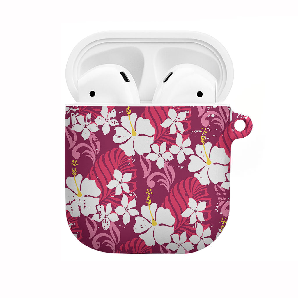 Pink Hawaiian Hibiscus Monstera AirPods Case Grunge Stylized LT01 Pink - Polynesian Pride