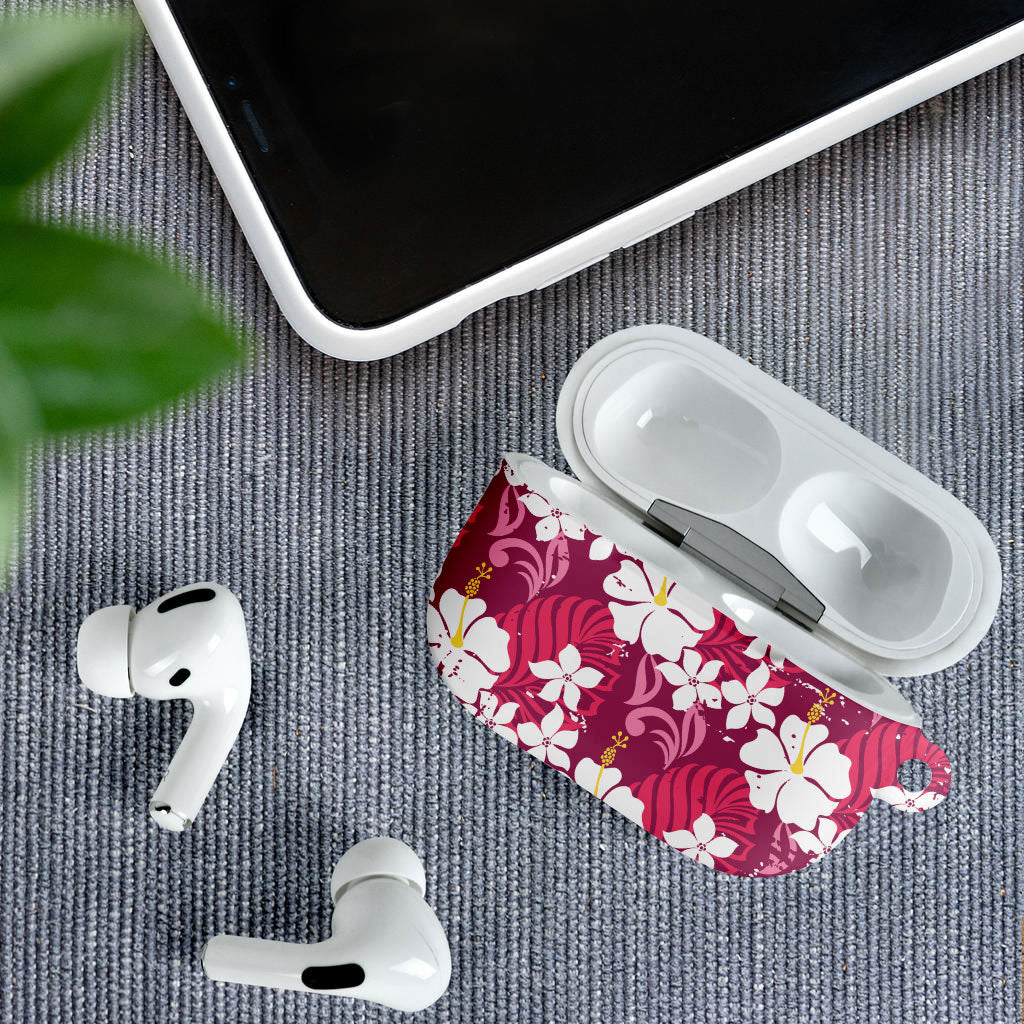 Pink Hawaiian Hibiscus Monstera AirPods Case Grunge Stylized LT01 - Polynesian Pride