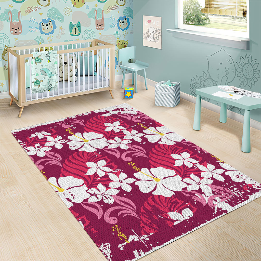 Pink Hawaiian Hibiscus Monstera Area Rug Grunge Stylized LT01 - Polynesian Pride