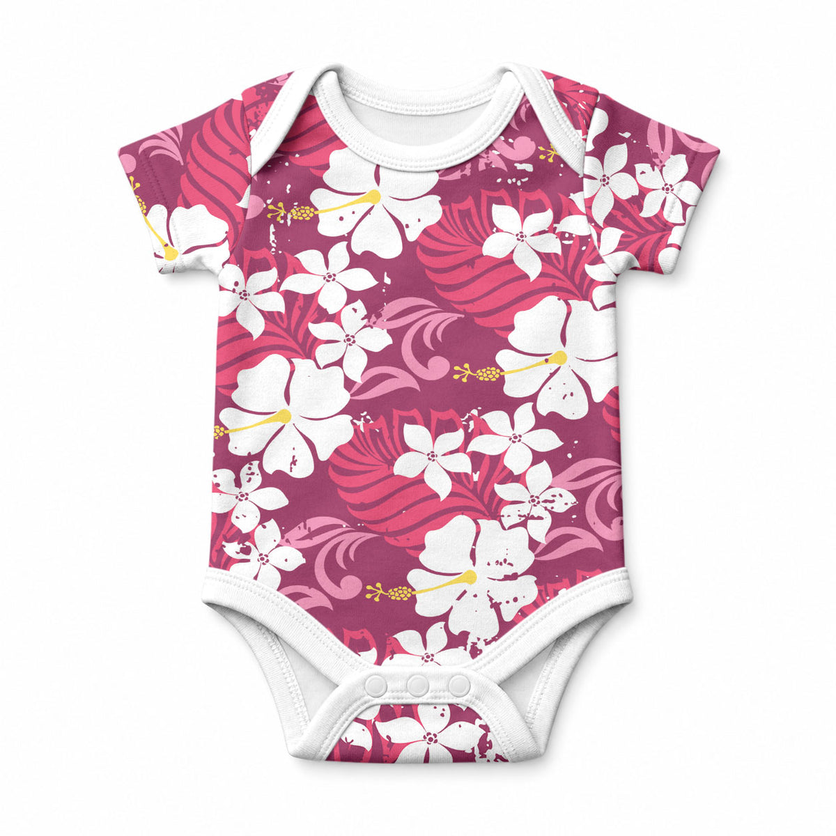 Pink Hawaiian Hibiscus Monstera Baby Onesie Grunge Stylized LT01 Pink - Polynesian Pride