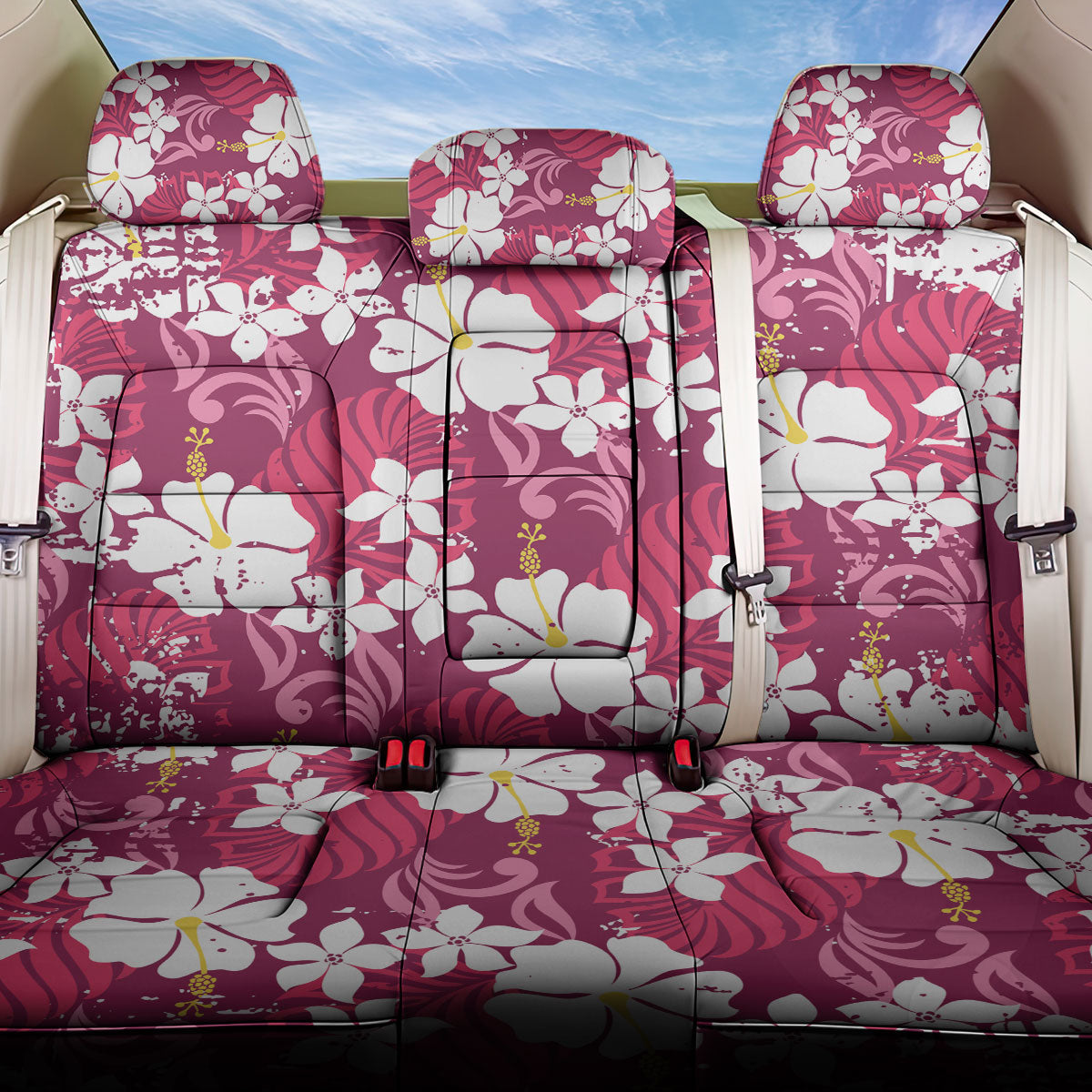 Pink Hawaiian Hibiscus Monstera Back Car Seat Cover Grunge Stylized