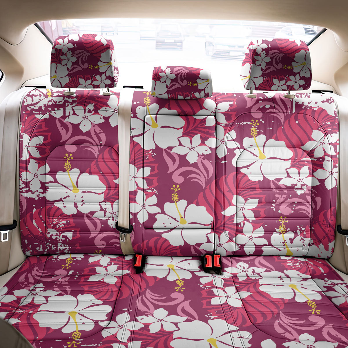 Pink Hawaiian Hibiscus Monstera Back Car Seat Cover Grunge Stylized