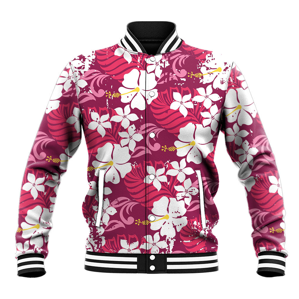 Pink Hawaiian Hibiscus Monstera Baseball Jacket Grunge Stylized LT01 Unisex Pink - Polynesian Pride