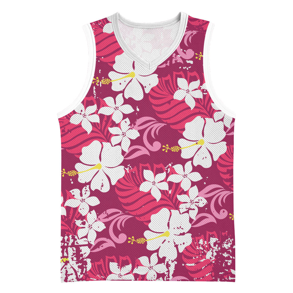 Pink Hawaiian Hibiscus Monstera Basketball Jersey Grunge Stylized LT01 Unisex Pink - Polynesian Pride