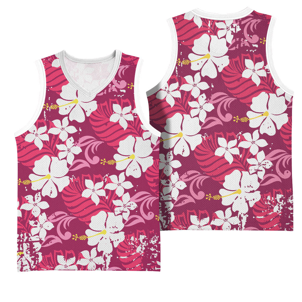 Pink Hawaiian Hibiscus Monstera Basketball Jersey Grunge Stylized LT01 - Polynesian Pride