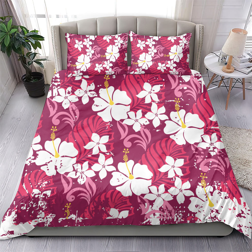 Pink Hawaiian Hibiscus Monstera Bedding Set Grunge Stylized LT01 - Polynesian Pride