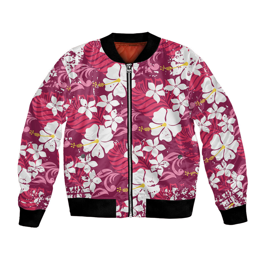 Pink Hawaiian Hibiscus Monstera Bomber Jacket Grunge Stylized LT01 Unisex Pink - Polynesian Pride