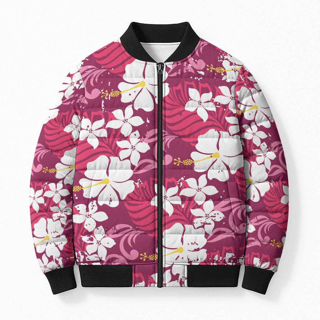 Pink Hawaiian Hibiscus Monstera Bomber Puffer Jacket Grunge Stylized LT01 Unisex Pink - Polynesian Pride