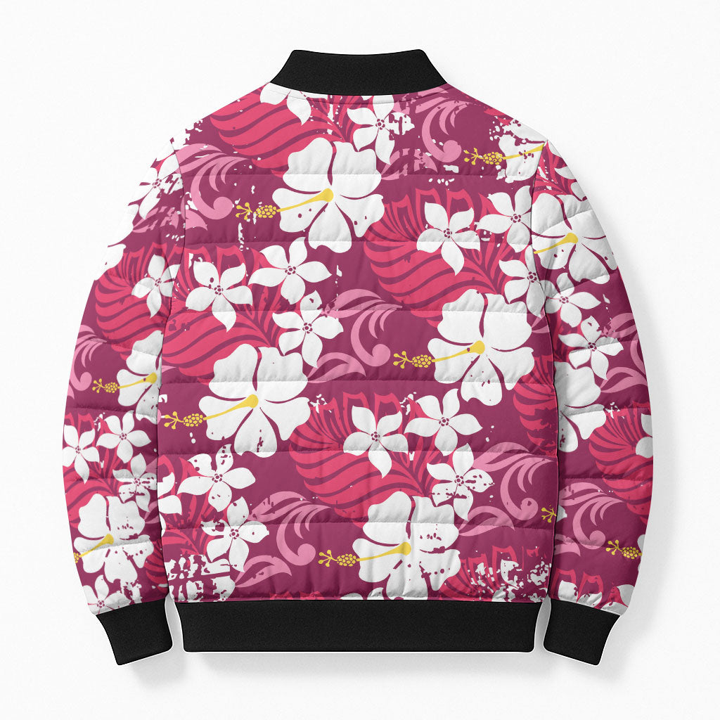 Pink Hawaiian Hibiscus Monstera Bomber Puffer Jacket Grunge Stylized LT01 - Polynesian Pride