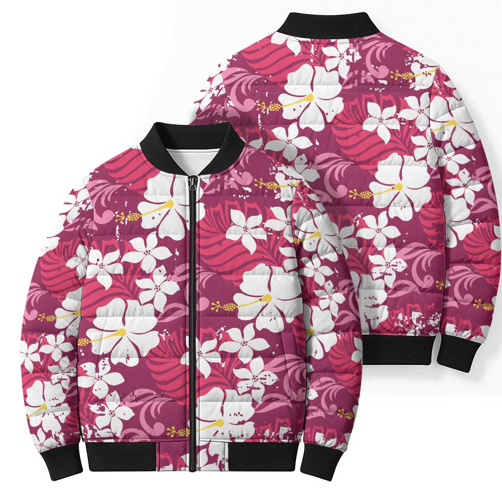 Pink Hawaiian Hibiscus Monstera Bomber Puffer Jacket Grunge Stylized LT01 - Polynesian Pride