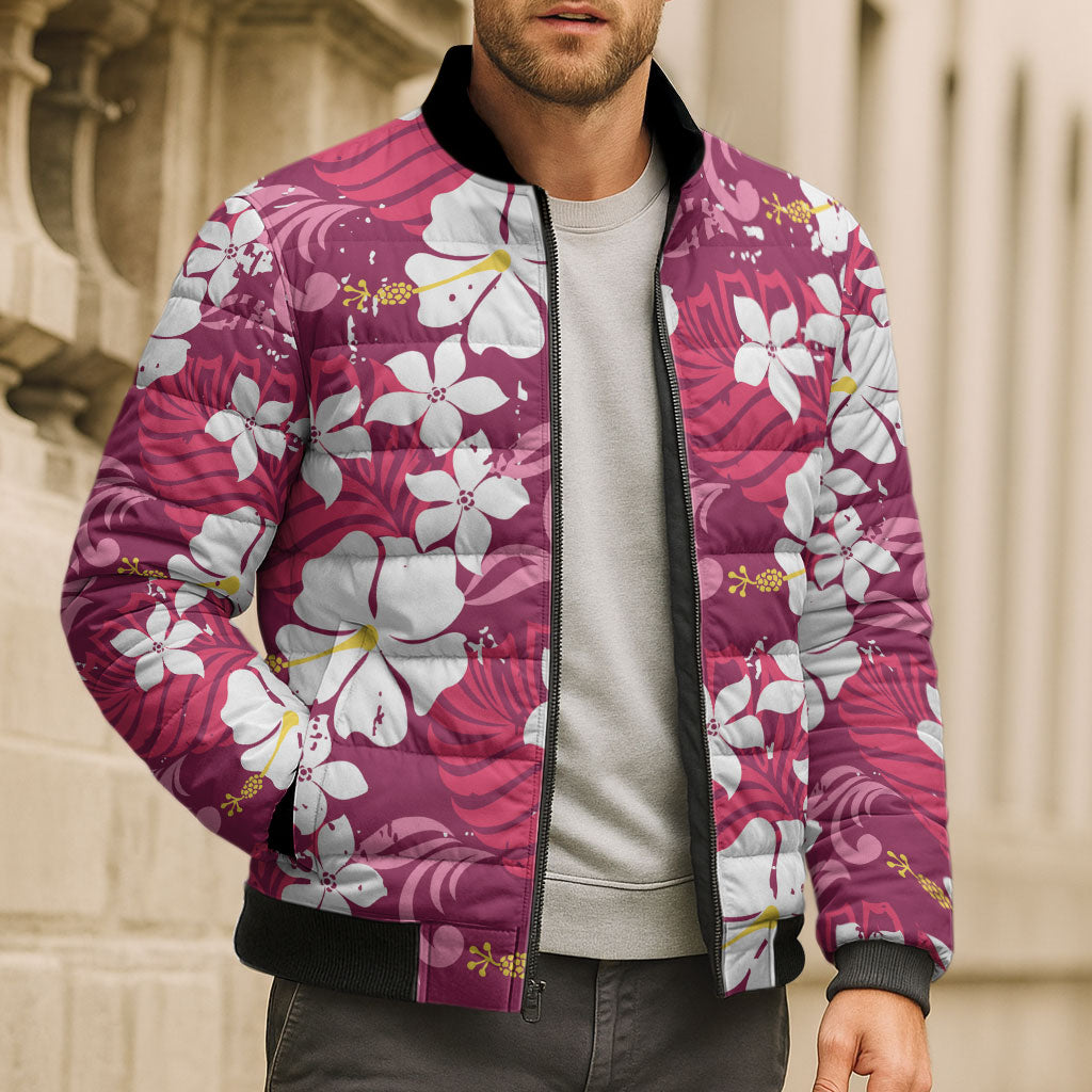 Pink Hawaiian Hibiscus Monstera Bomber Puffer Jacket Grunge Stylized LT01 - Polynesian Pride