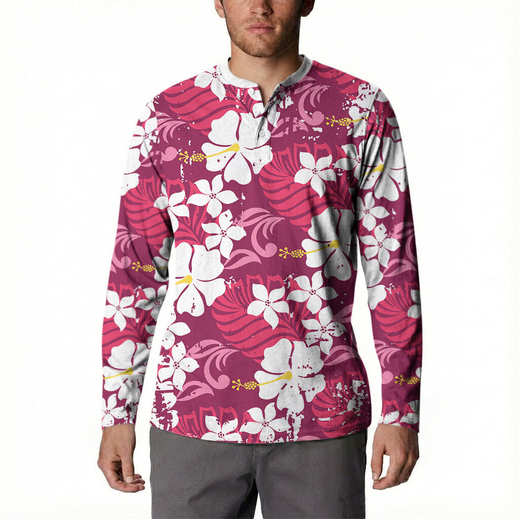 Pink Hawaiian Hibiscus Monstera Button Sweatshirt Grunge Stylized LT01 - Polynesian Pride