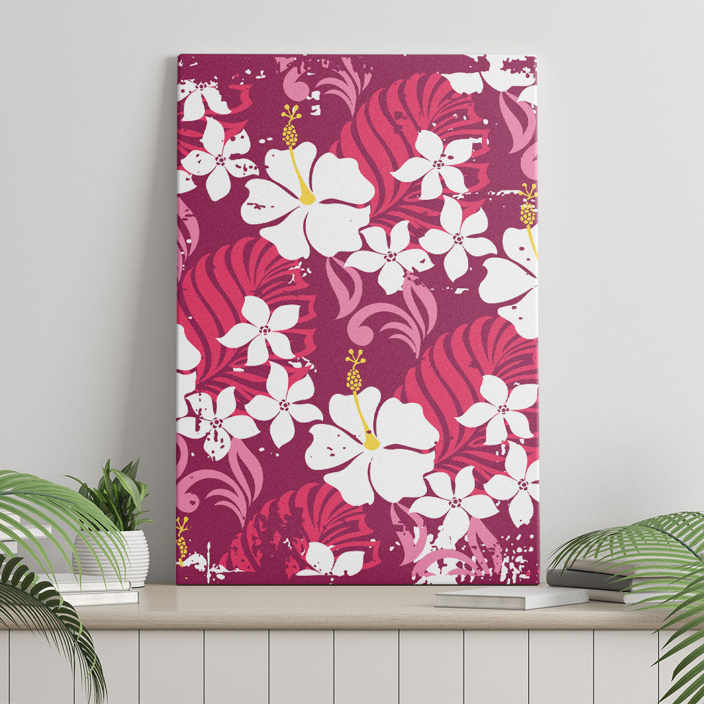 Pink Hawaiian Hibiscus Monstera Canvas Wall Art Grunge Stylized