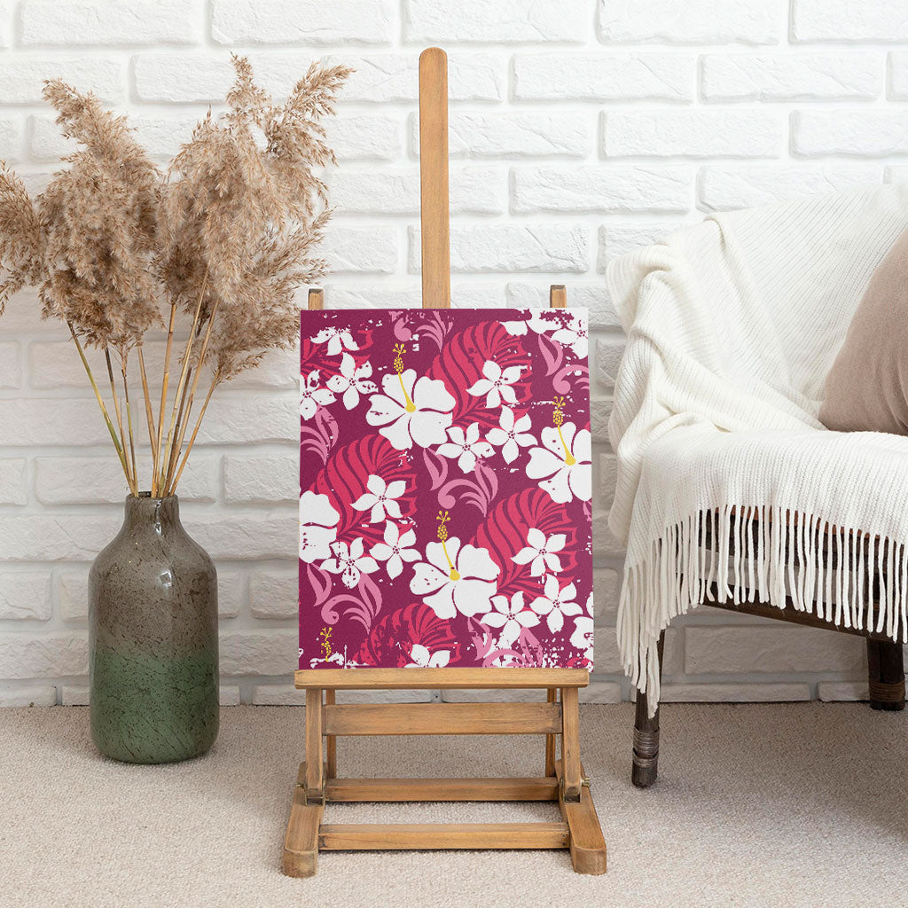 Pink Hawaiian Hibiscus Monstera Canvas Wall Art Grunge Stylized