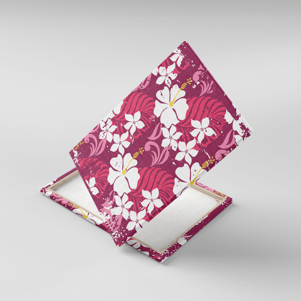 Pink Hawaiian Hibiscus Monstera Canvas Wall Art Grunge Stylized