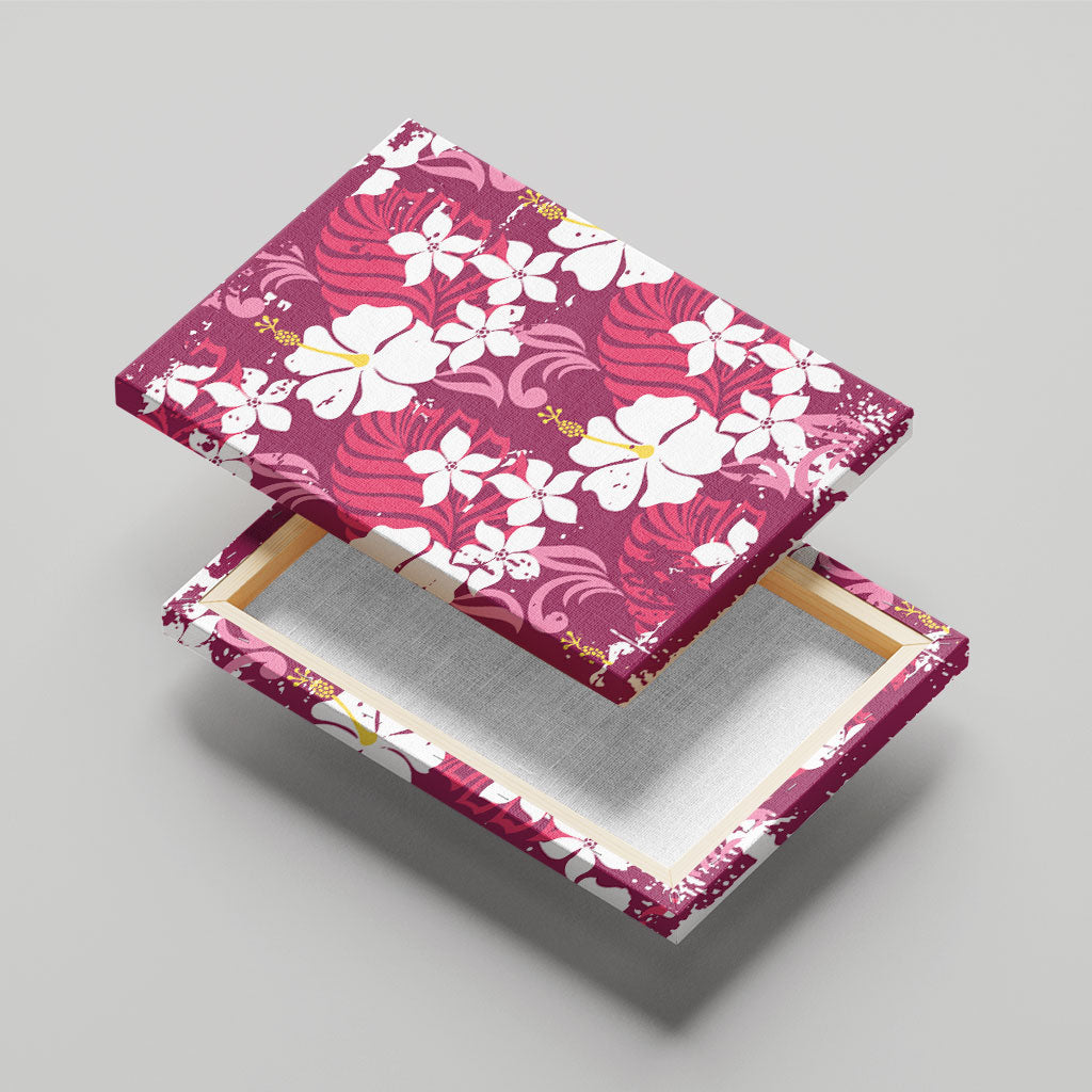 Pink Hawaiian Hibiscus Monstera Canvas Wall Art Grunge Stylized