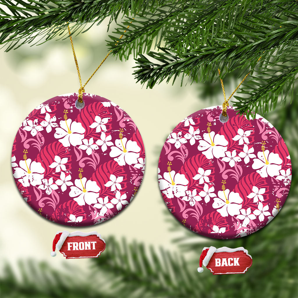 Pink Hawaiian Hibiscus Monstera Ceramic Ornament Grunge Stylized