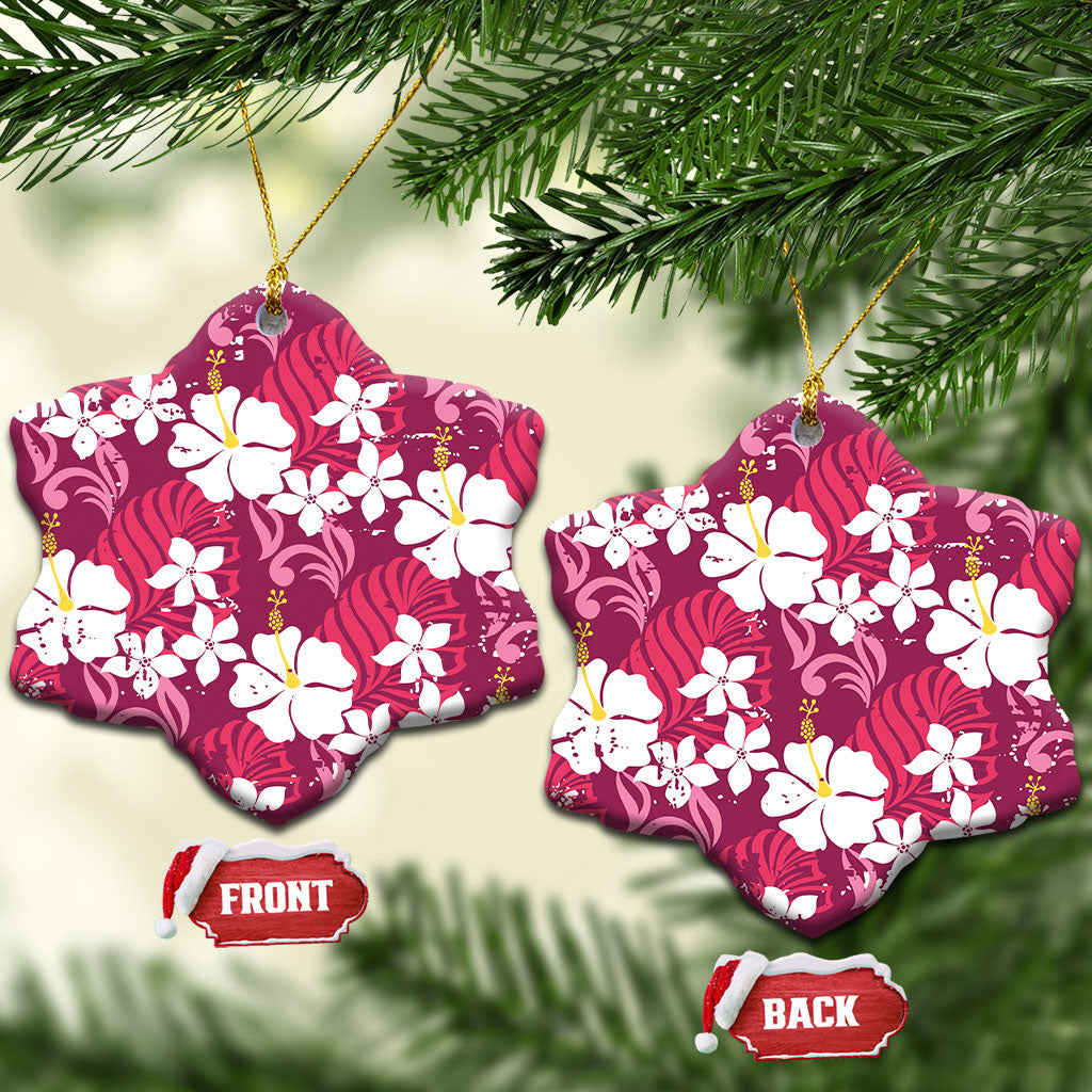 Pink Hawaiian Hibiscus Monstera Ceramic Ornament Grunge Stylized