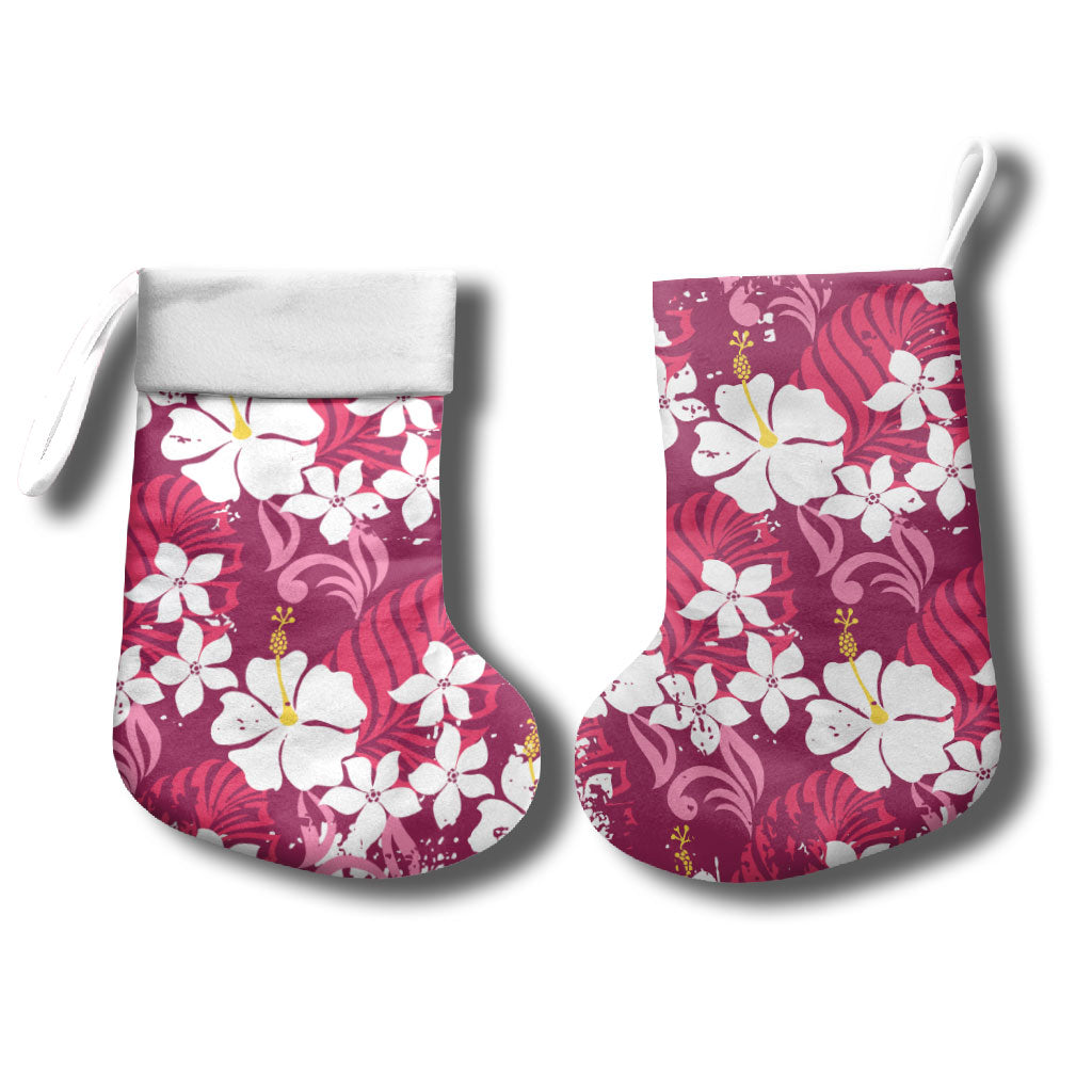Pink Hawaiian Hibiscus Monstera Christmas Stocking Grunge Stylized